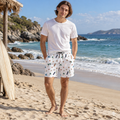 Beach Pattern Swim Shorts — Men's Surfboard & Seashell Print