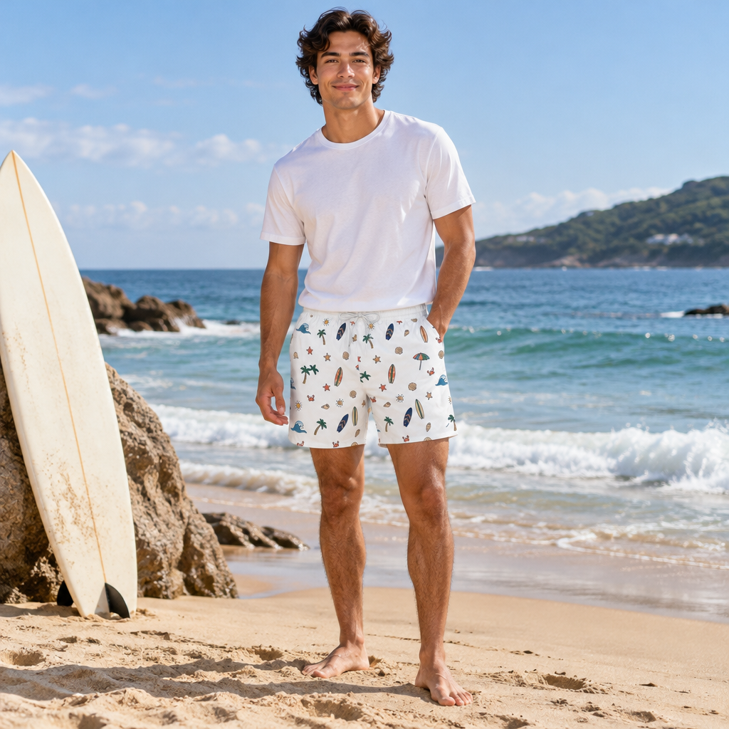 Beach Pattern Swim Shorts — Men's Surfboard & Seashell Print