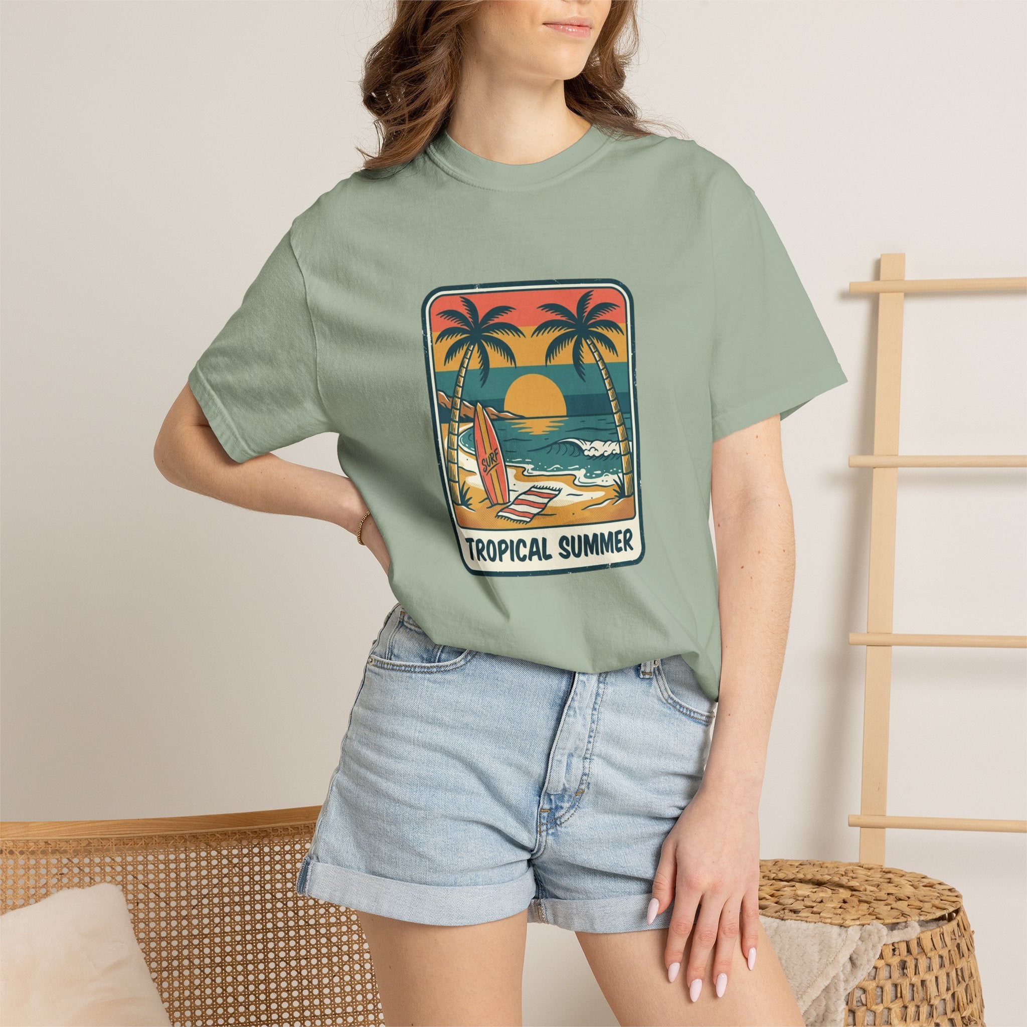 Tropical Sunset Surf Scene T-Shirt | Palm Trees, Sailboat, Retro Beach