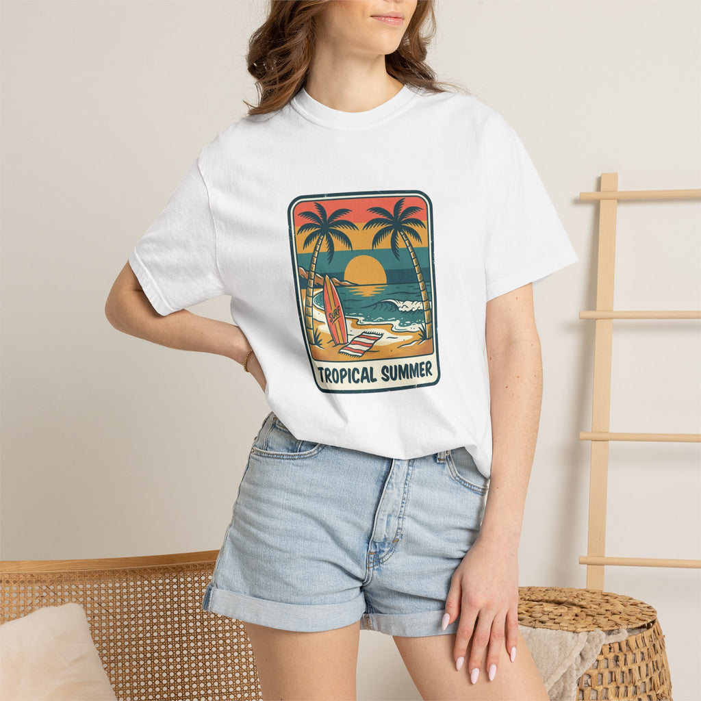 Tropical Sunset Surf Scene T-Shirt | Palm Trees, Sailboat, Retro Beach