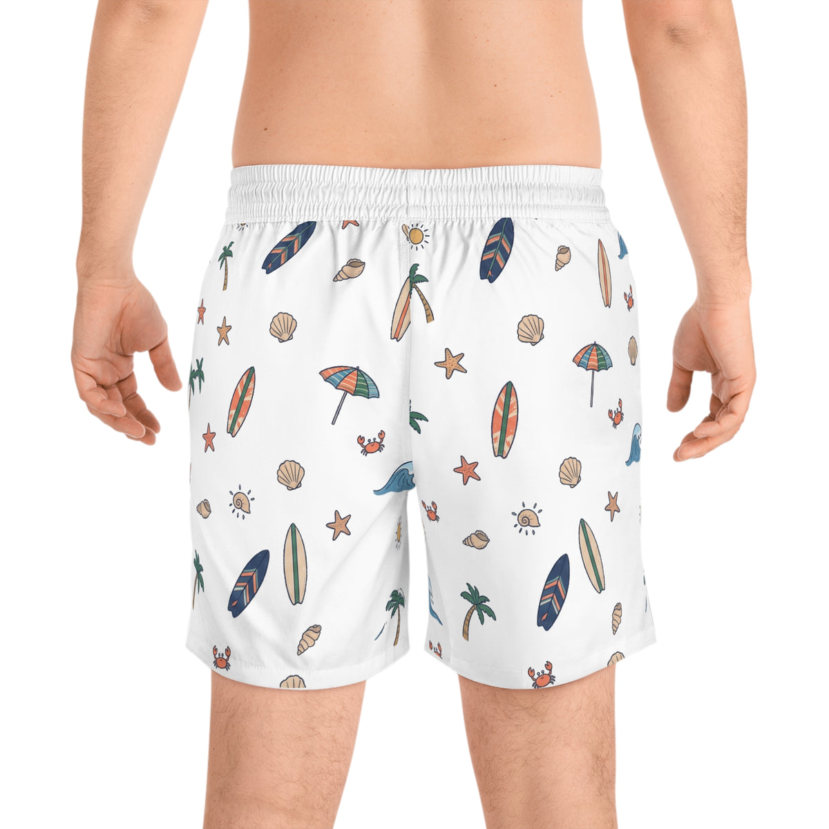 Beach Pattern Swim Shorts — Men's Surfboard & Seashell Print