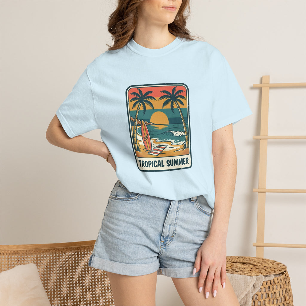 Tropical Sunset Surf Scene T-Shirt | Palm Trees, Sailboat, Retro Beach