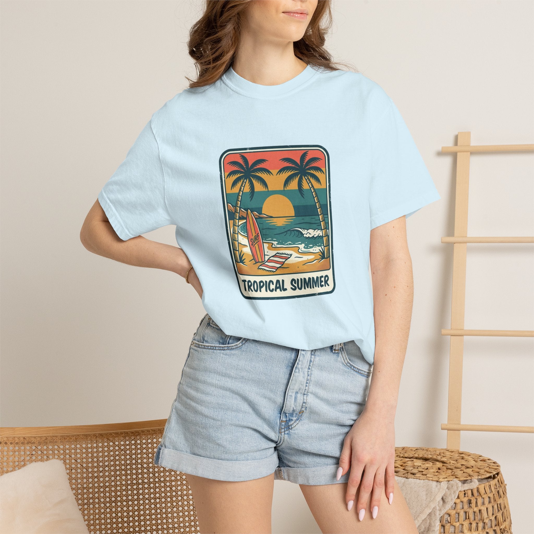 Tropical Sunset Surf Scene T-Shirt | Palm Trees, Sailboat, Retro Beach