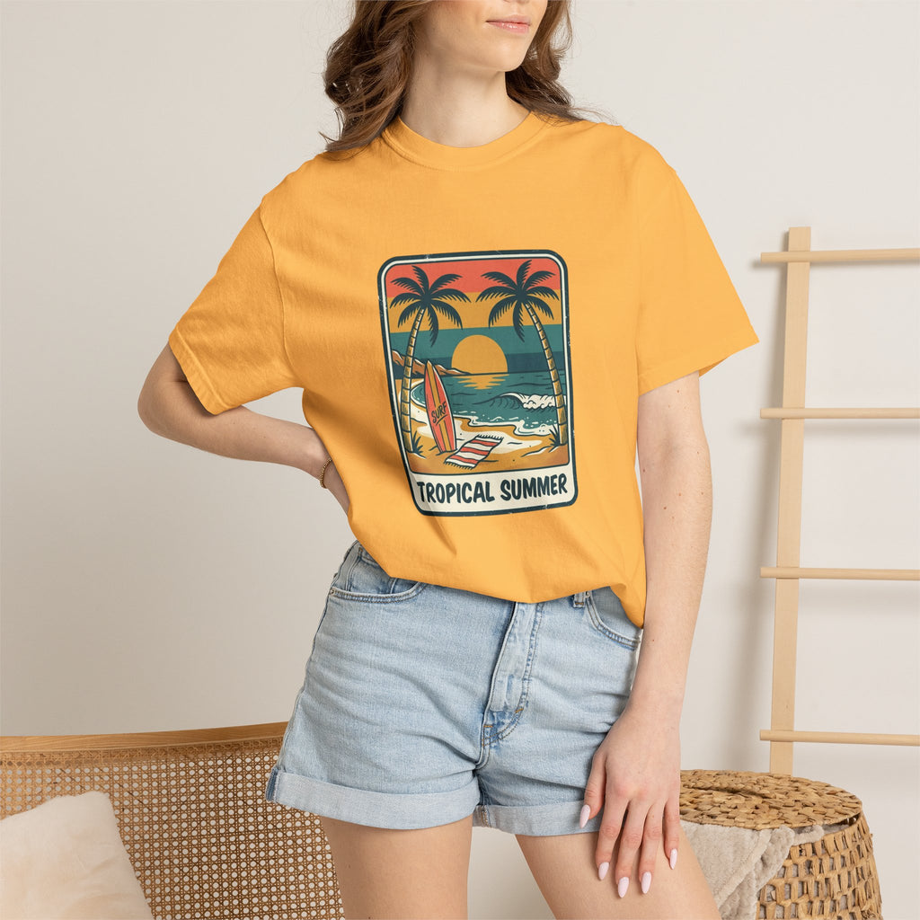 Tropical Sunset Surf Scene T-Shirt | Palm Trees, Sailboat, Retro Beach