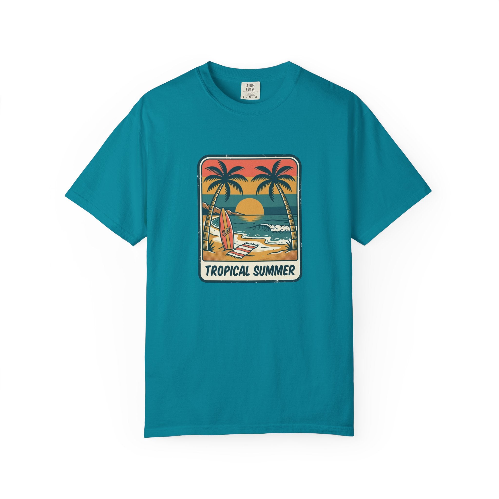 Tropical Sunset Surf Scene T-Shirt | Palm Trees, Sailboat, Retro Beach