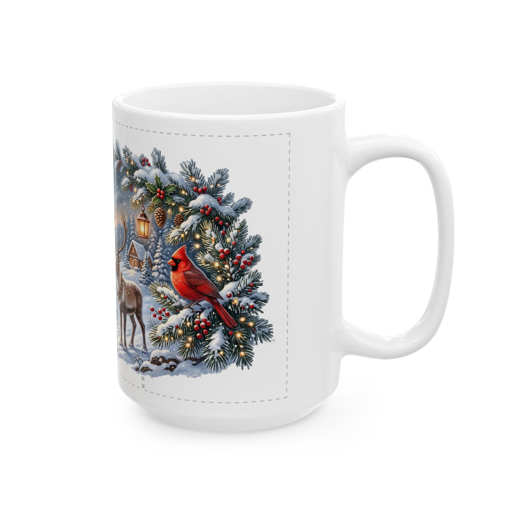 Reindeer in Snowy Village Mug | Winter Night Christmas Scene