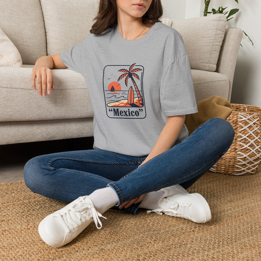 Mexico Beach Sunset Unisex-T-Shirt | Palm Trees, Surfboards, Vintage Sunset
