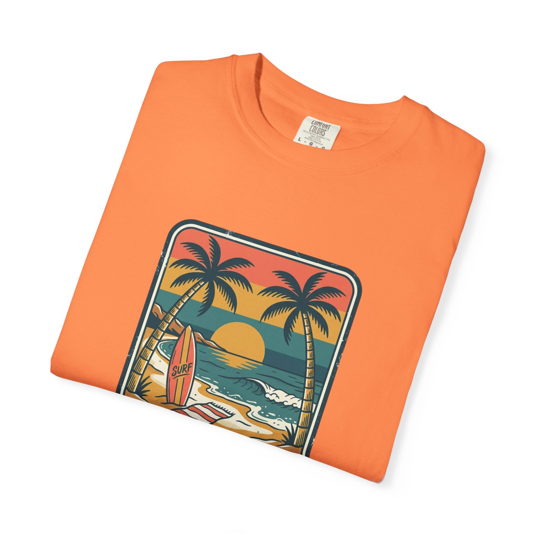 Tropical Sunset Surf Scene T-Shirt | Palm Trees, Sailboat, Retro Beach
