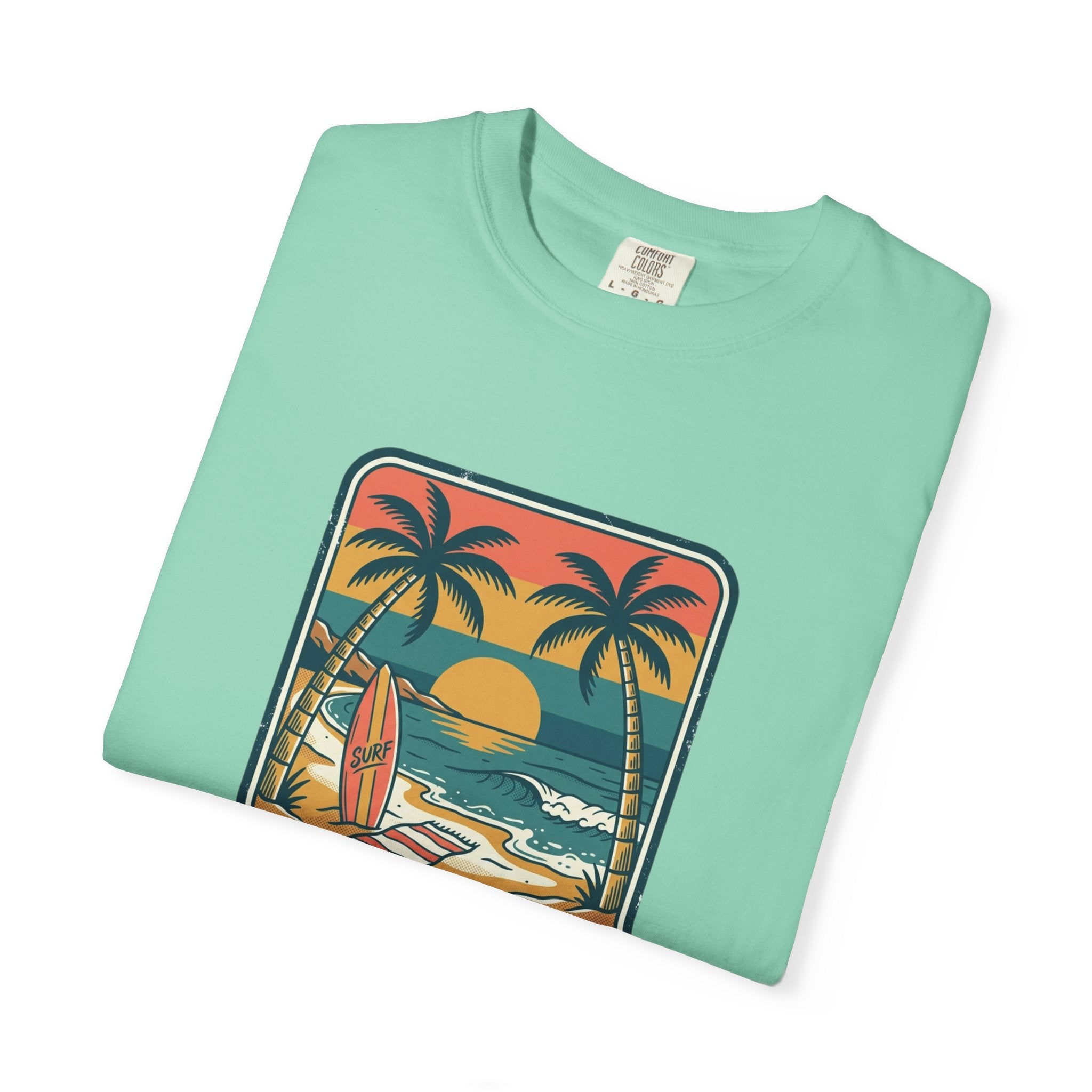 Tropical Sunset Surf Scene T-Shirt | Palm Trees, Sailboat, Retro Beach