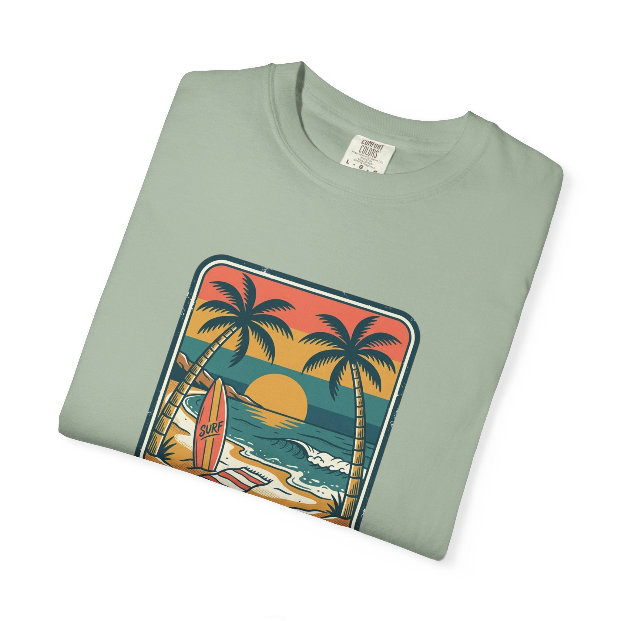 Tropical Sunset Surf Scene T-Shirt | Palm Trees, Sailboat, Retro Beach