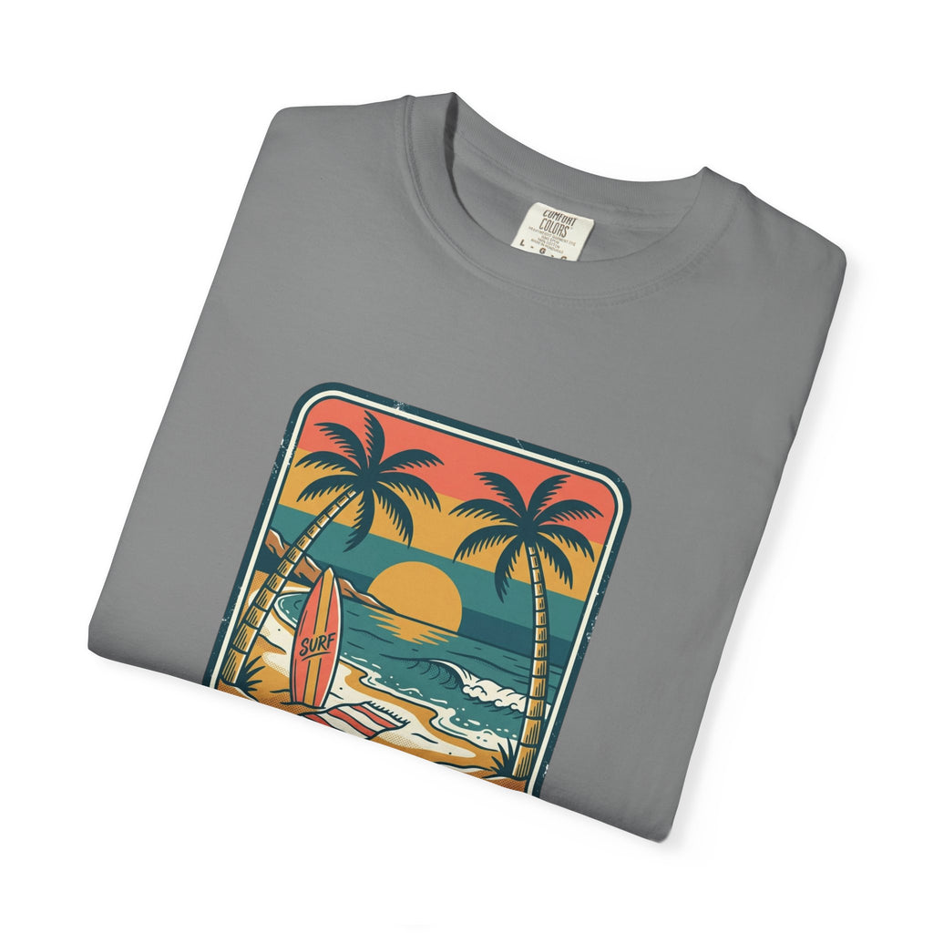 Tropical Sunset Surf Scene T-Shirt | Palm Trees, Sailboat, Retro Beach