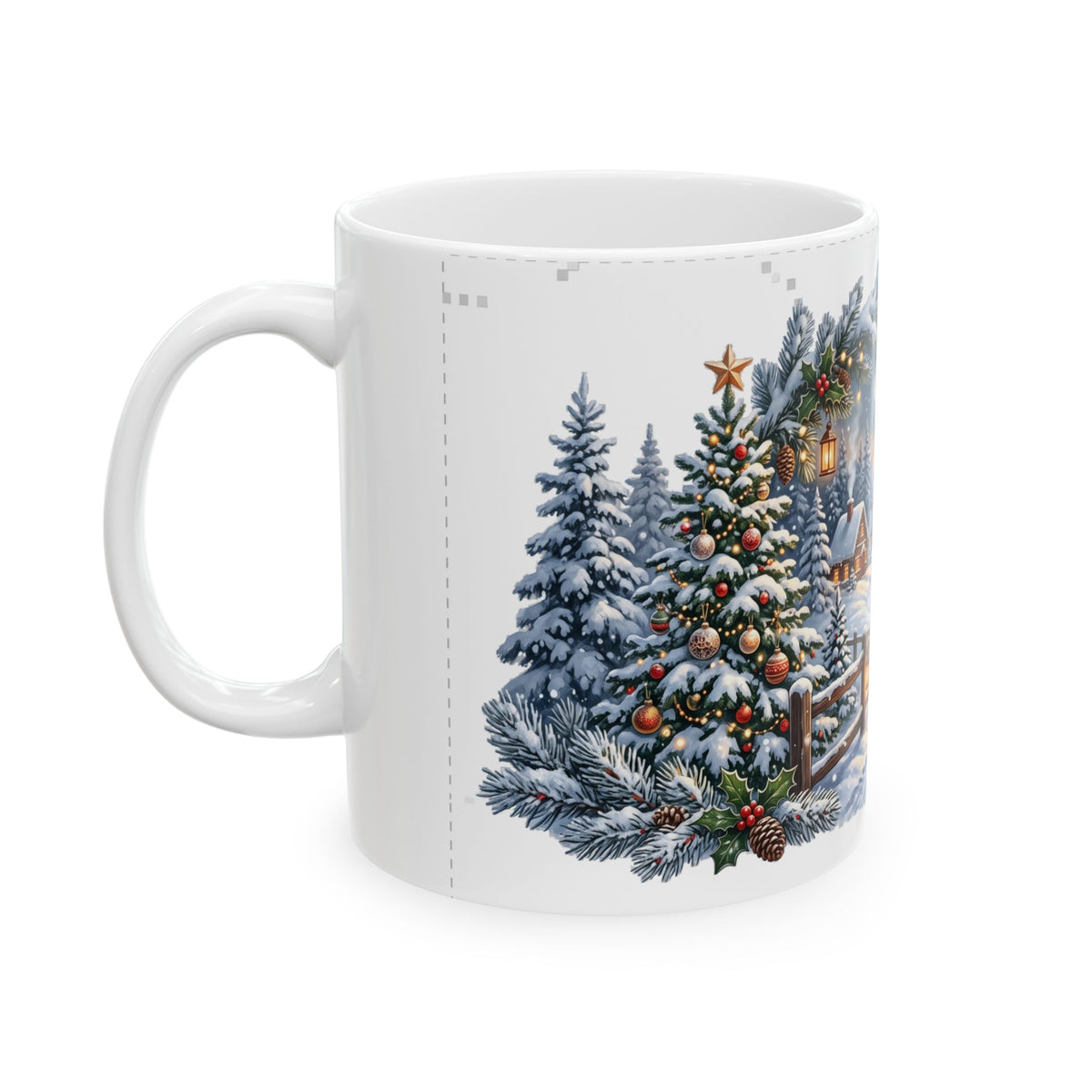 Reindeer in Snowy Village Mug | Winter Night Christmas Scene