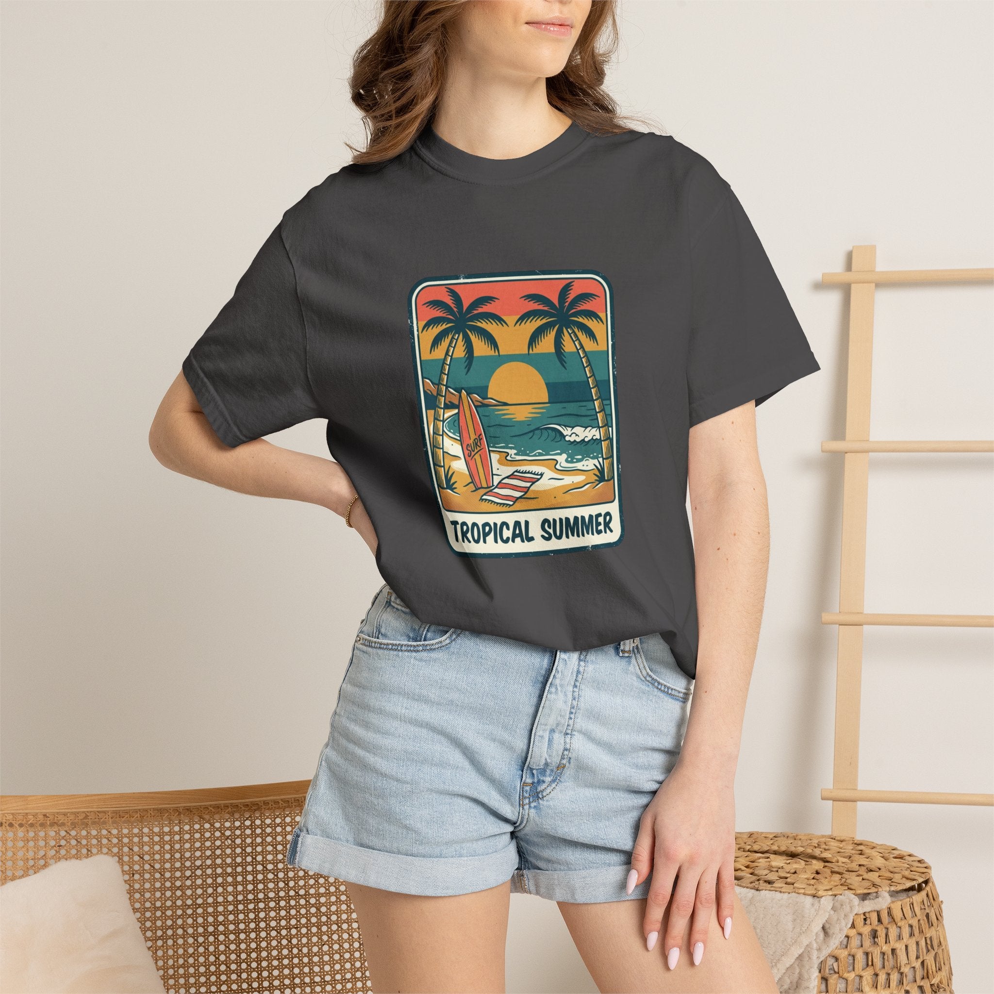 Tropical Sunset Surf Scene T-Shirt | Palm Trees, Sailboat, Retro Beach