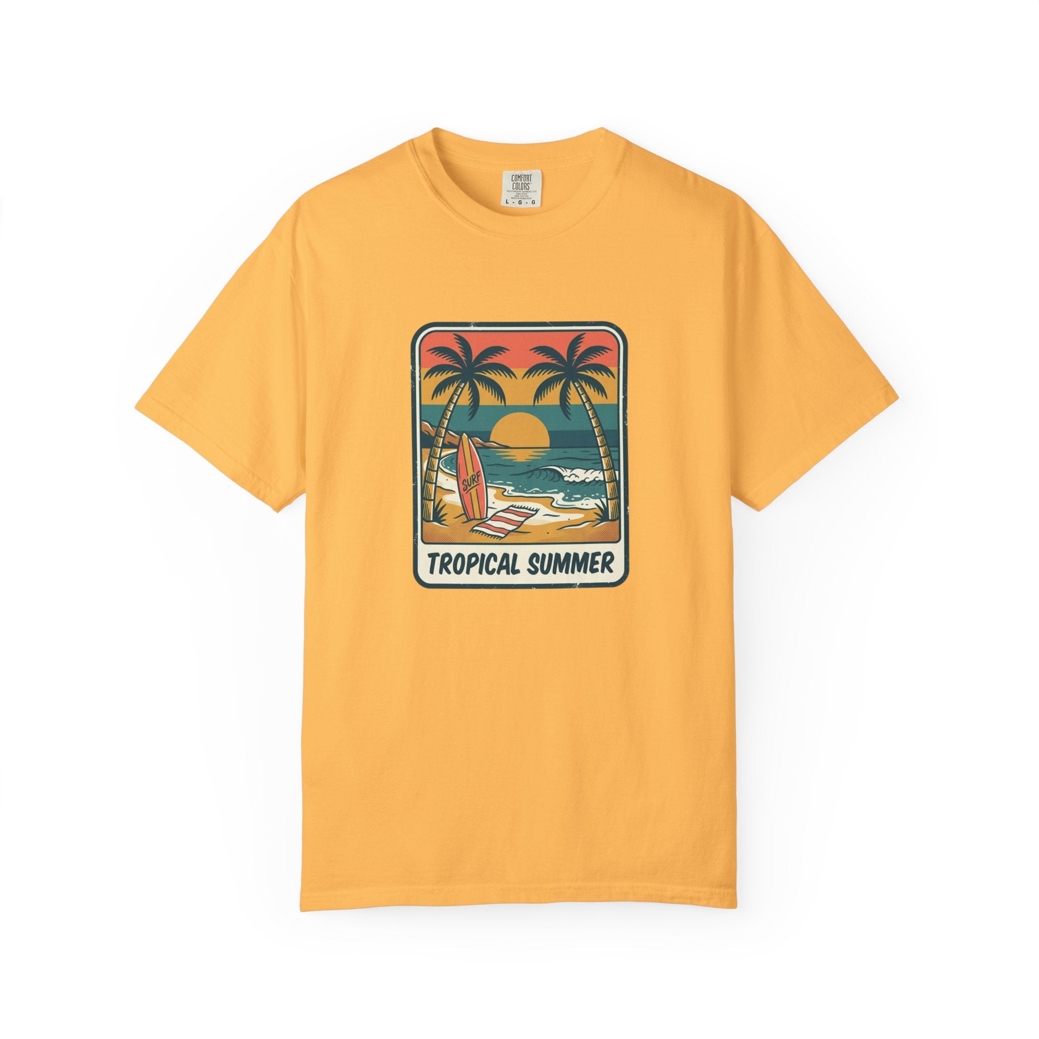 Tropical Sunset Surf Scene T-Shirt | Palm Trees, Sailboat, Retro Beach