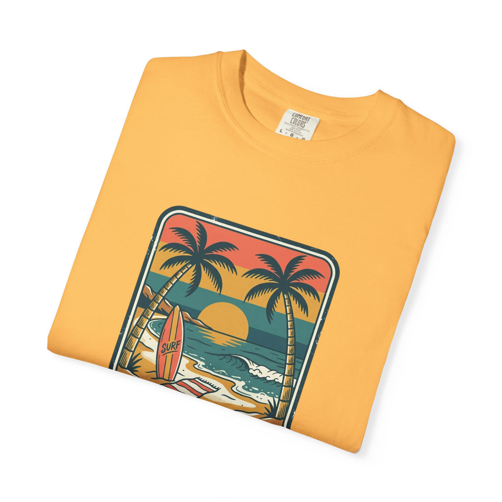 Tropical Sunset Surf Scene T-Shirt | Palm Trees, Sailboat, Retro Beach