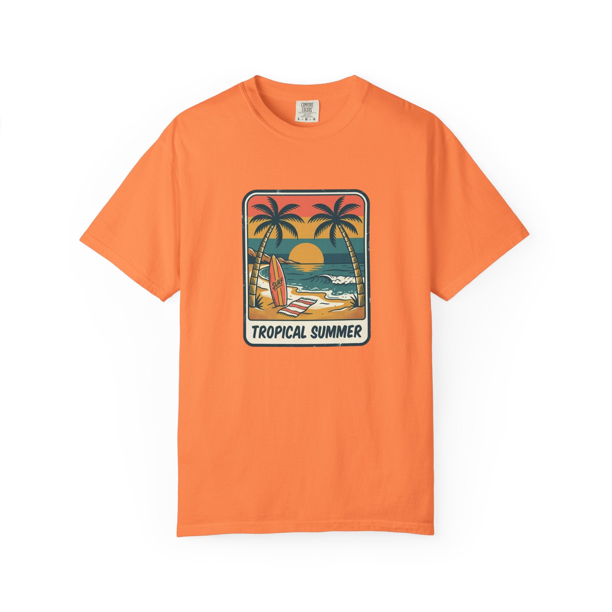 Tropical Sunset Surf Scene T-Shirt | Palm Trees, Sailboat, Retro Beach