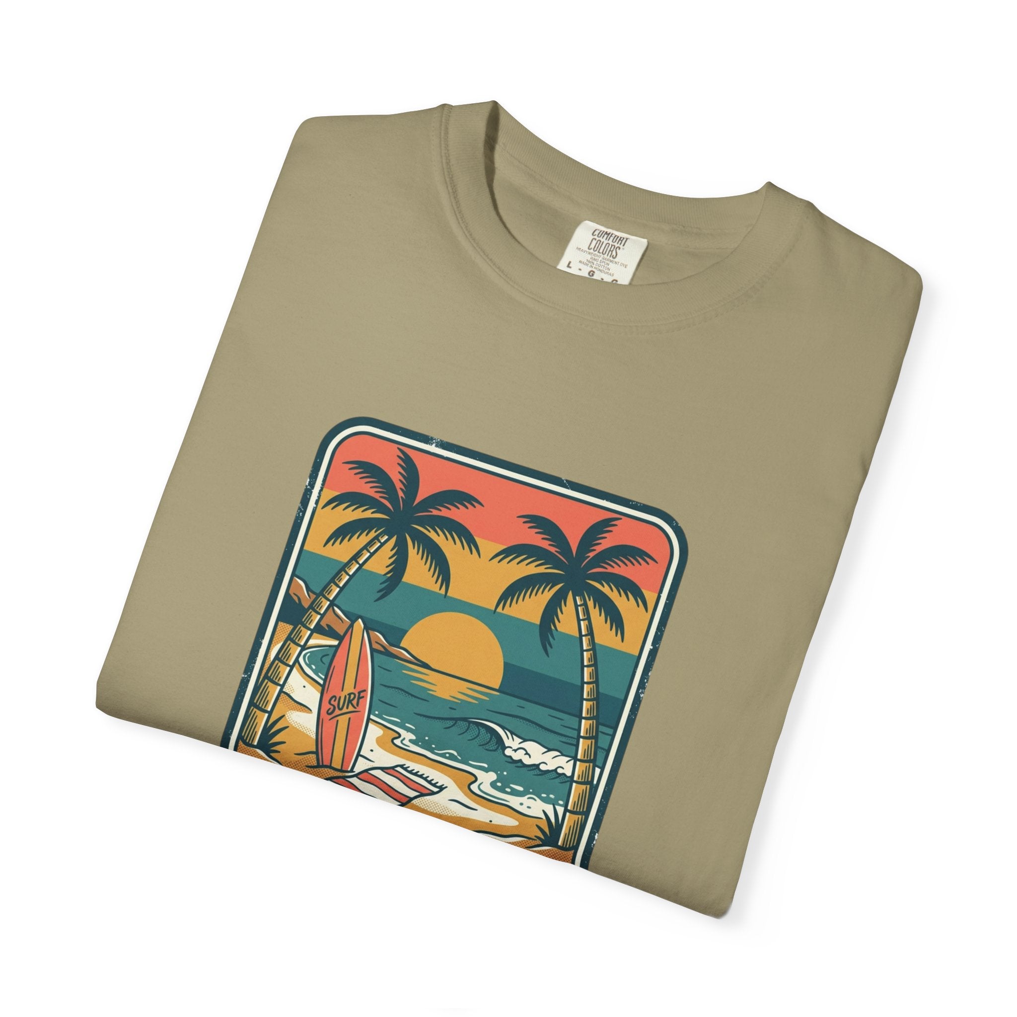 Tropical Sunset Surf Scene T-Shirt | Palm Trees, Sailboat, Retro Beach