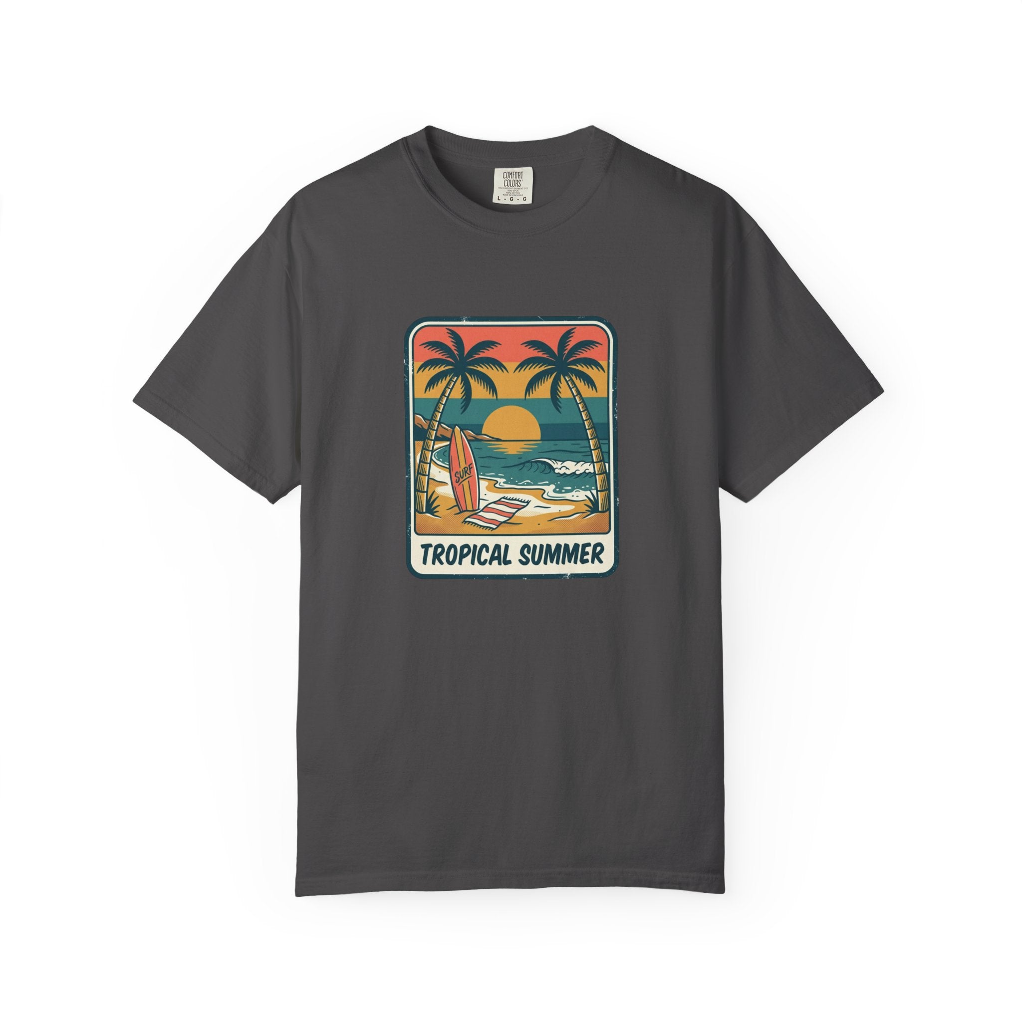 Tropical Sunset Surf Scene T-Shirt | Palm Trees, Sailboat, Retro Beach