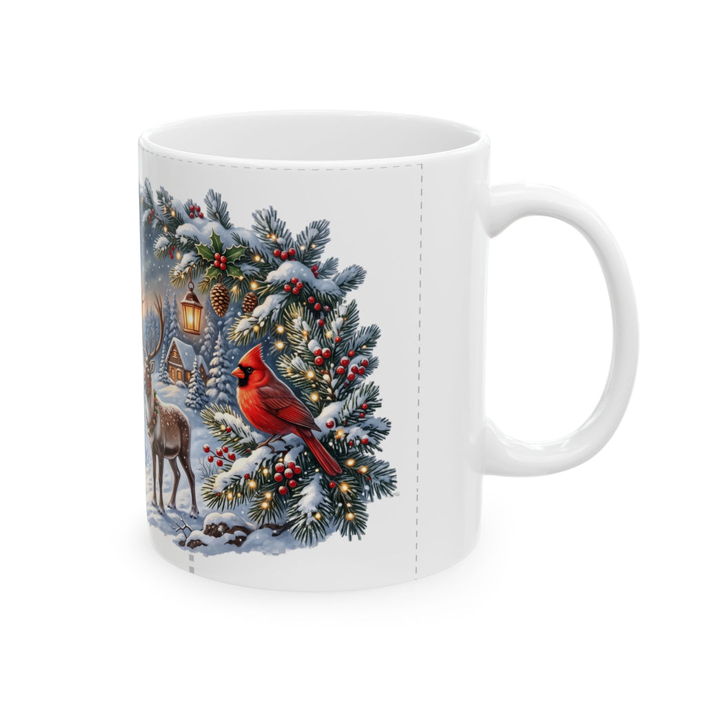 Reindeer in Snowy Village Mug | Winter Night Christmas Scene