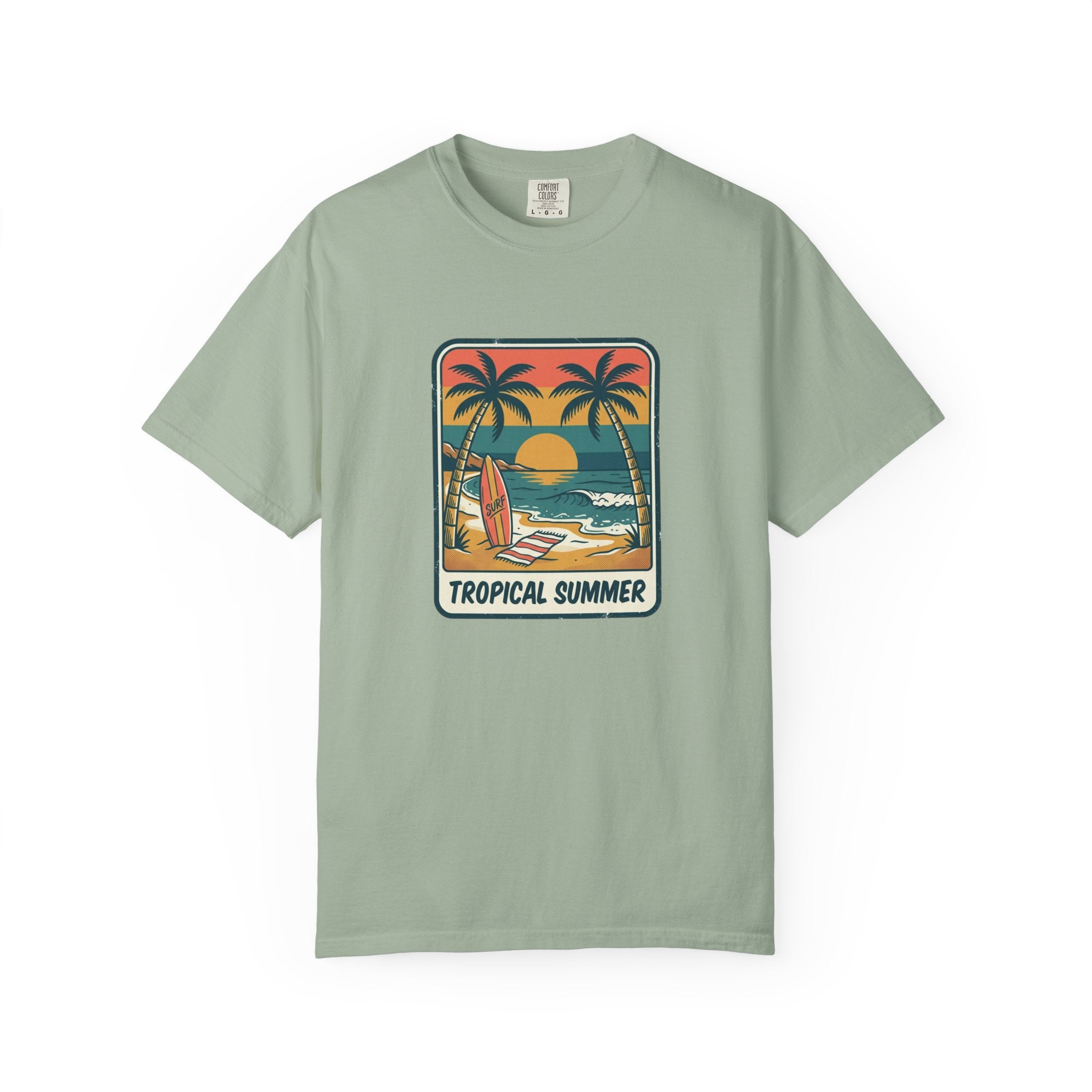 Tropical Sunset Surf Scene T-Shirt | Palm Trees, Sailboat, Retro Beach