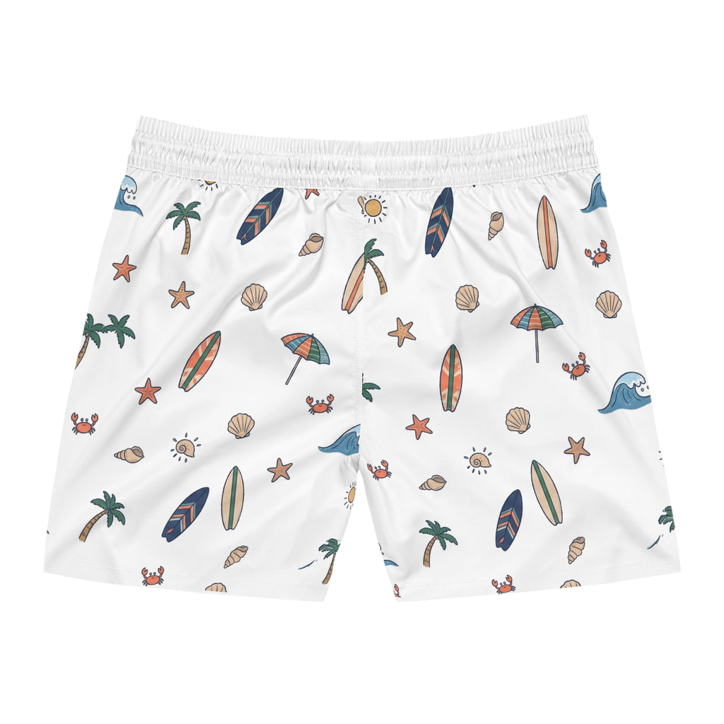 Beach Pattern Swim Shorts — Men's Surfboard & Seashell Print