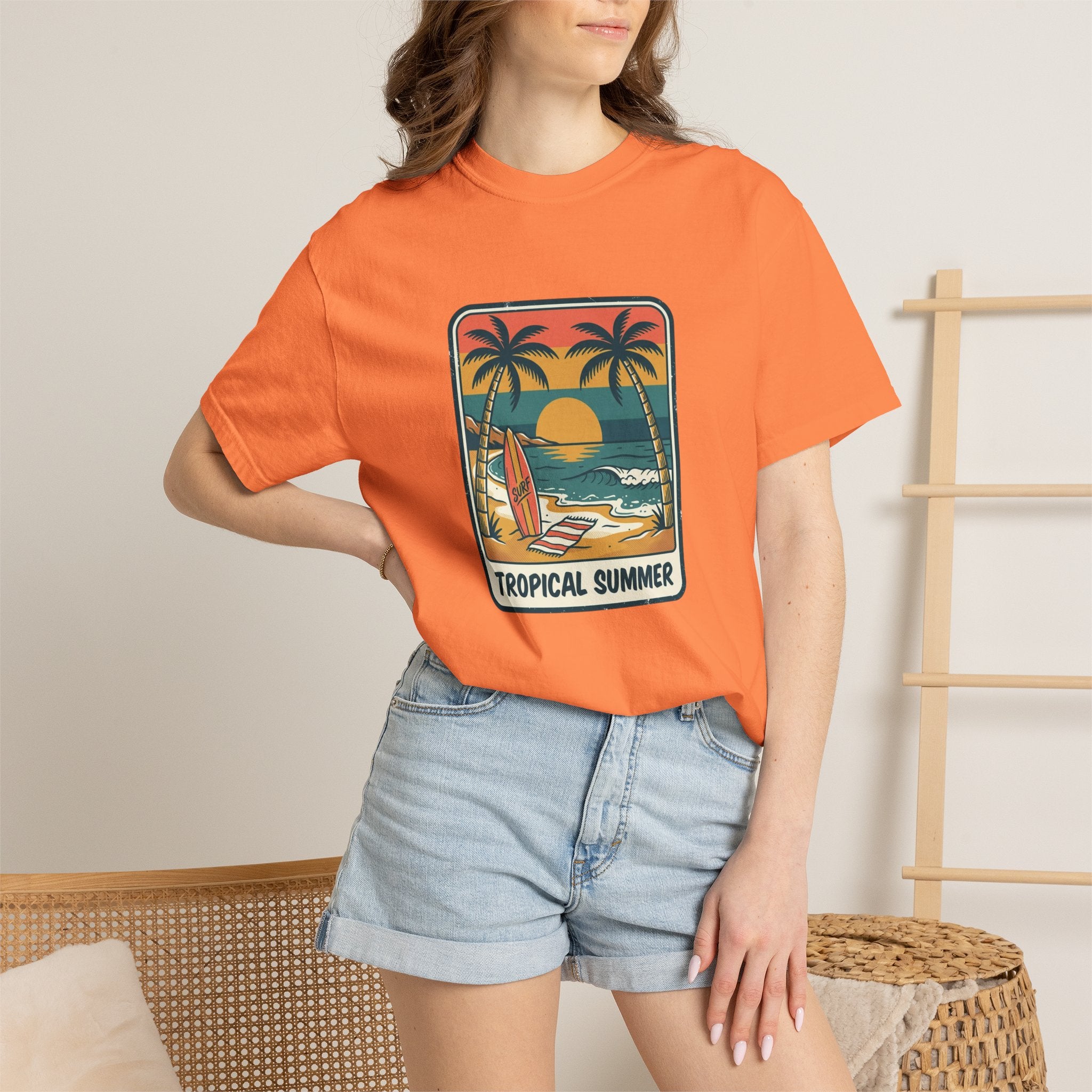 Tropical Sunset Surf Scene T-Shirt | Palm Trees, Sailboat, Retro Beach