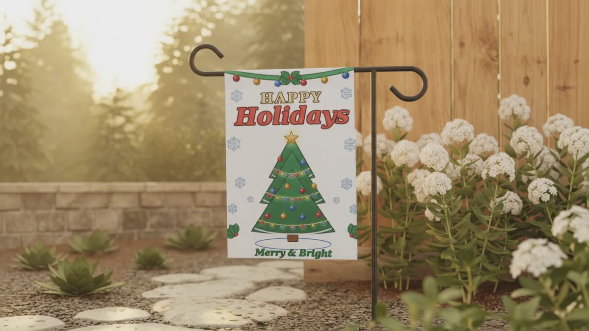 Happy Holidays Christmas Tree Garden Flag | Merry & Bright Holiday Banner